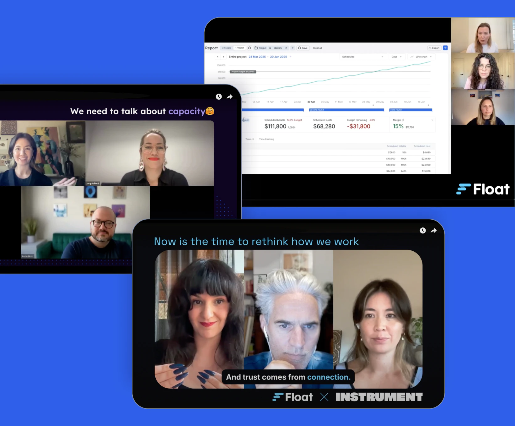 Screenshots from virtual Float events featuring panel discussions and data presentations.